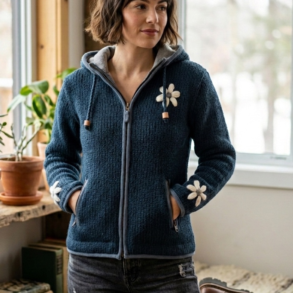 Vintage Laundromat Daisy Hand-Knit 100% Wool Fleece-Lined Hoodie - Women’s Small